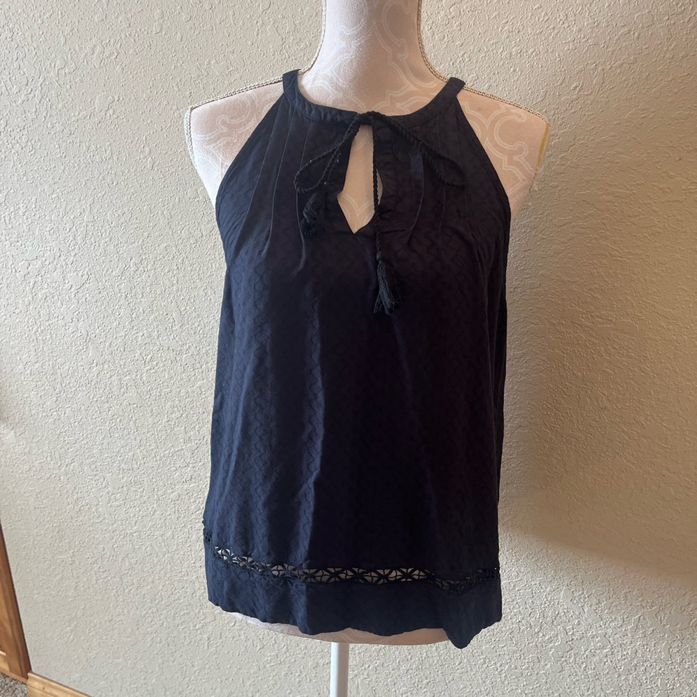 LOFT Navy Sleeveless Blouse with Tie Neck